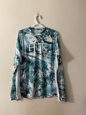 Huk Men's Long Sleeve Performance Shirt - Teal Marble Size Medium